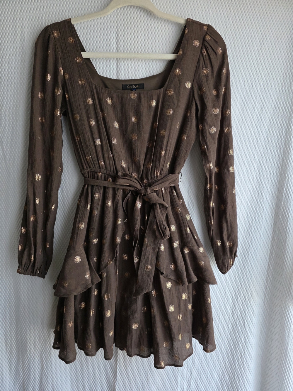City Studio Brown Metallic Dot Long-Sleeve Belted Dress Size XS